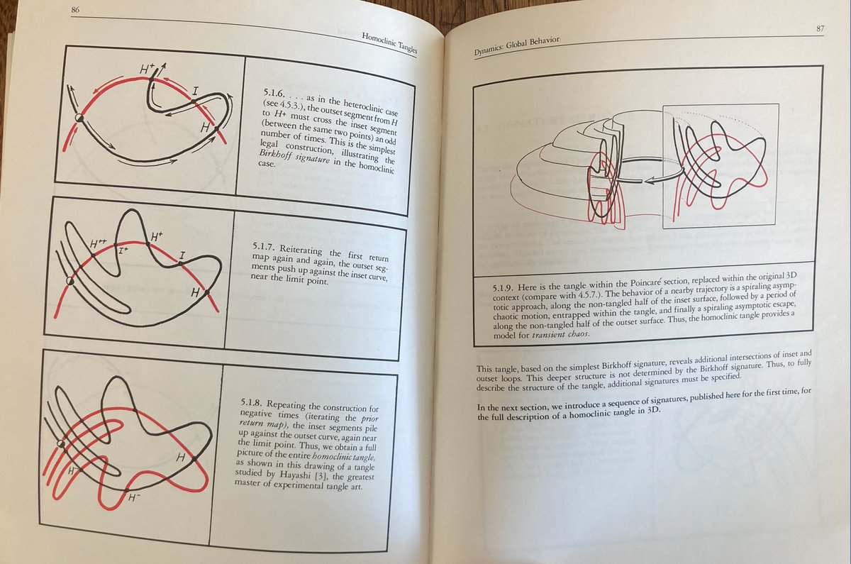 stevenstrogatz's tweet image. In office hours a few minutes ago, I was discussing homoclinic tangles with one of my students, and I pulled one of the books by Abraham and Shaw off the shelf to show this image. I'd forgotten how marvelous these books are for gaining intuition.