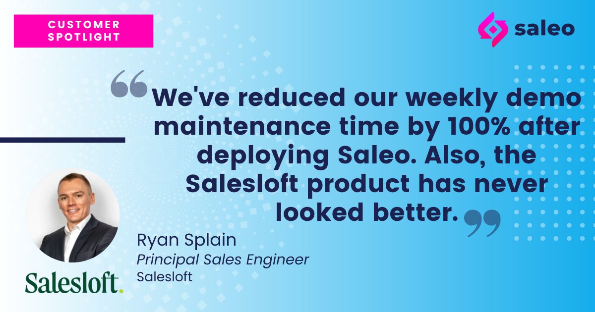 getSaleo's tweet photo. @Salesloft reduced their weekly demo maintenance time from 3.5 hrs / week to 0 (zero) per Sales Engineer.  We love the partnership and the results after deploying @getSaleo🎉💪! https://t.co/DzP1Trc01A