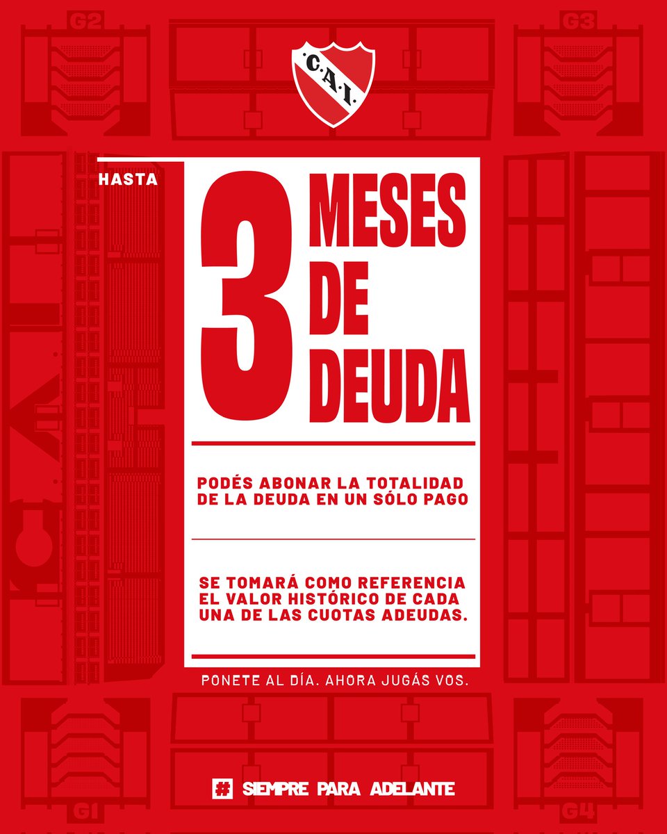Independiente's tweet photo. ✅ PONETE AL DÍA

Nuevo plan de adecuación para morosos. Acorde a tu situación, podés cancelar tu deuda con facilidades de pago y acompañar al Rey de Copas desde tu lugar.

➡️ https://t.co/cOJpeZDdhg

#TodoRojo 🔴 https://t.co/HsnVRKgNiL