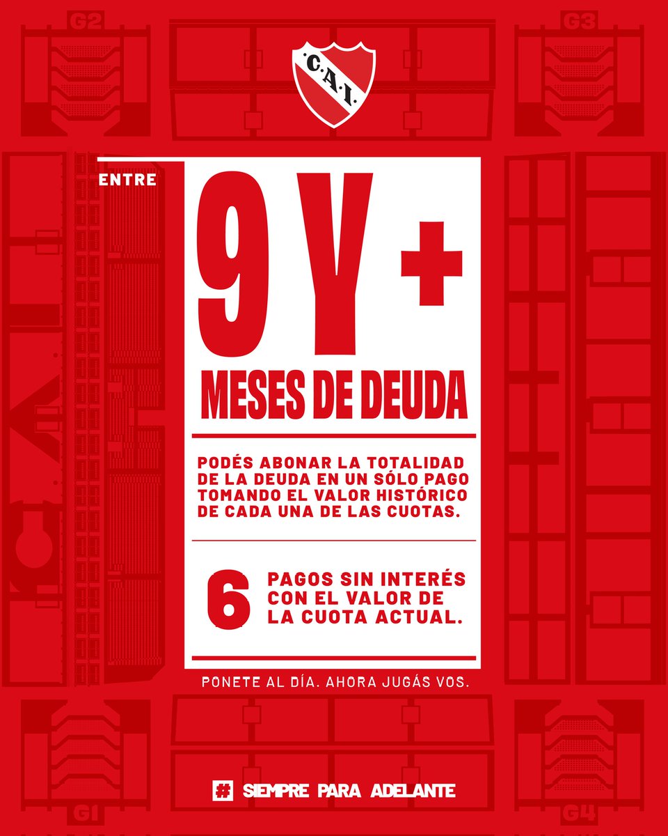 Independiente's tweet photo. ✅ PONETE AL DÍA

Nuevo plan de adecuación para morosos. Acorde a tu situación, podés cancelar tu deuda con facilidades de pago y acompañar al Rey de Copas desde tu lugar.

➡️ https://t.co/cOJpeZDdhg

#TodoRojo 🔴 https://t.co/HsnVRKgNiL