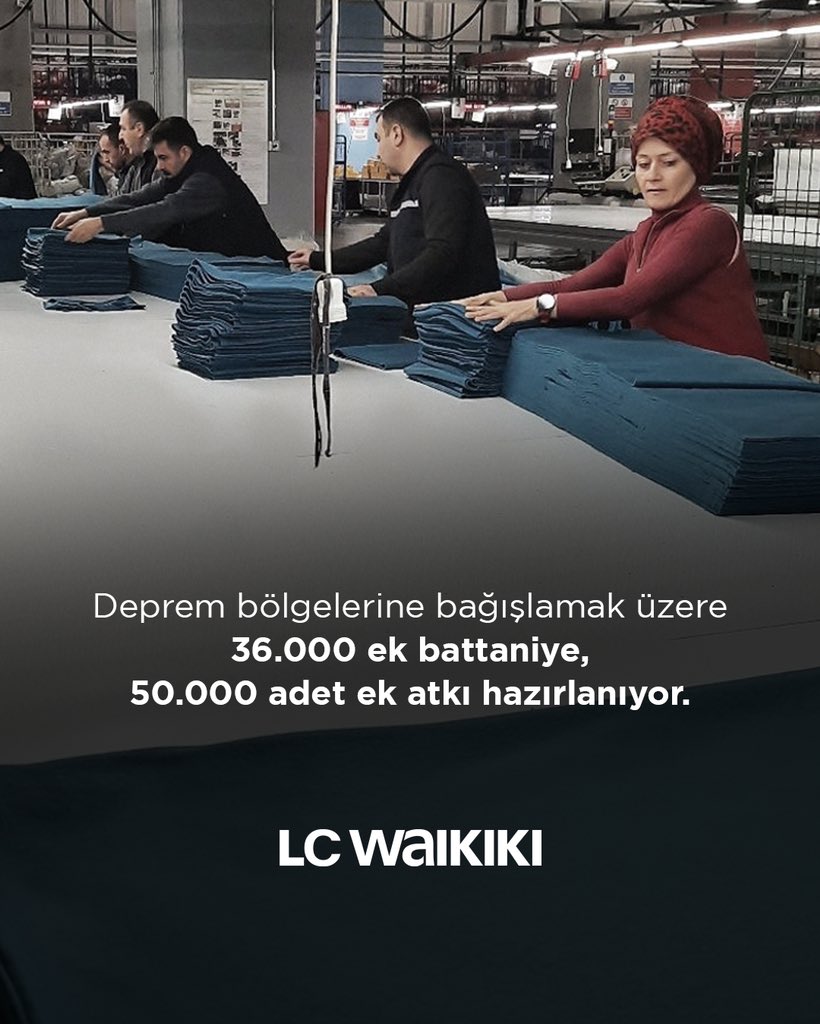 Eksik ihtiyaçlar için ek yardımlarımıza devam ediyoruz. Afet bölgesine gönderilmek üzere; 36.000 adet ek battaniye, 50.000 adet atkı üretimi devam ediyor.