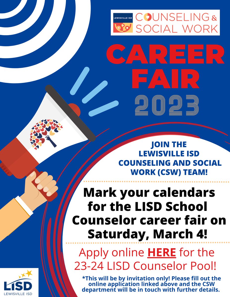 Join the <a href="/LewisvilleISD/">Lewisville ISD</a> Counseling and Social Work Team by applying for our 23-24 counselor pool: tinyurl.com/CSWapply2324 

After applying, the <a href="/LISD_CSW/">LISD_CSW (Counseling & Social Work)</a> department will contact you with further details about our invitation only career fair on Saturday, March 4, 2023! #OneLISD