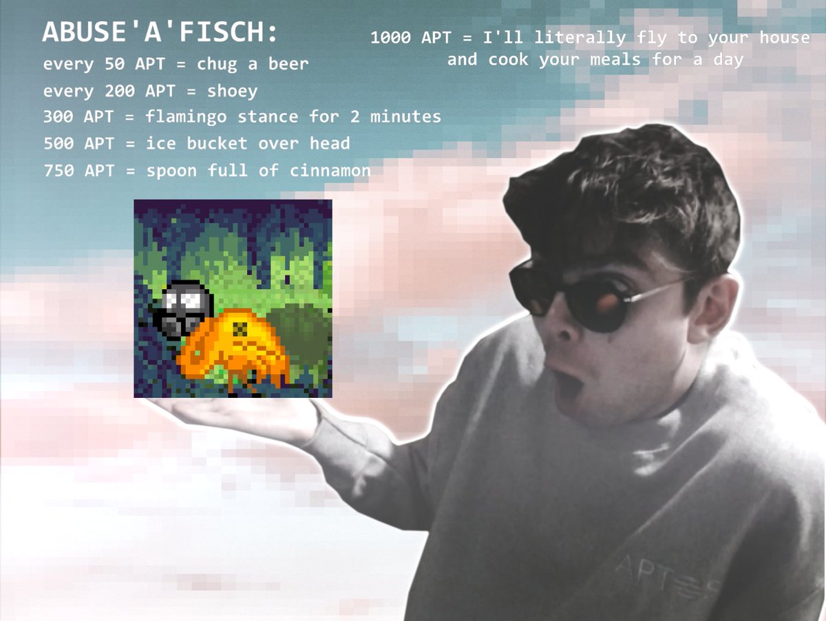 What if we hosted the next auction on <a href="/TopazMarket/">Topaz | NFTs on Aptos</a>?

And what if the auction would feature an embedded live stream of <a href="/fischermingo/">fischer</a>?

And what if we turned that into a game?

Introducing ABUSE'A'FISCH, where your bids will make fischer... well... do stuff!

See ya on the 10th! 😈