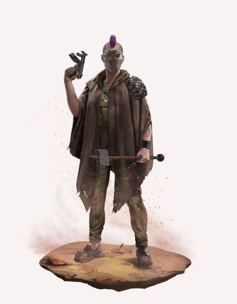 DJJayRox's tweet image. Jay might look badass, but behind this mask hides a really gentle soul. Forced to quit teaching ballroom dancing after the Meltdown. So he brought his hammer to help (re)build the community of bandits. After all that’s what true survivors do ☢️🔨
 
#MeltdownNFT #CharacterContest