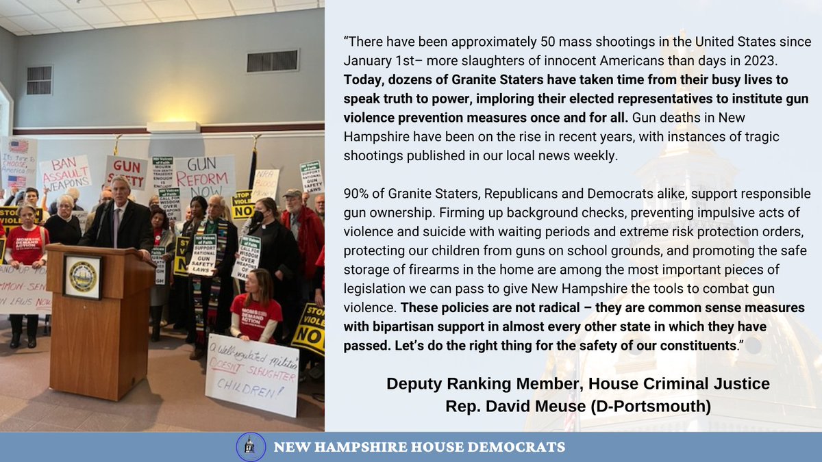 NHHouseDems's tweet photo. "Today, dozens of Granite Staters have taken time from their busy lives to speak truth to power, imploring us to institute gun violence prevention measures once and for all. Let’s do the right thing for the safety of our constituents.”  - Rep. @JdmMeuse #NHPolitics https://t.co/pv0TQEdE0q