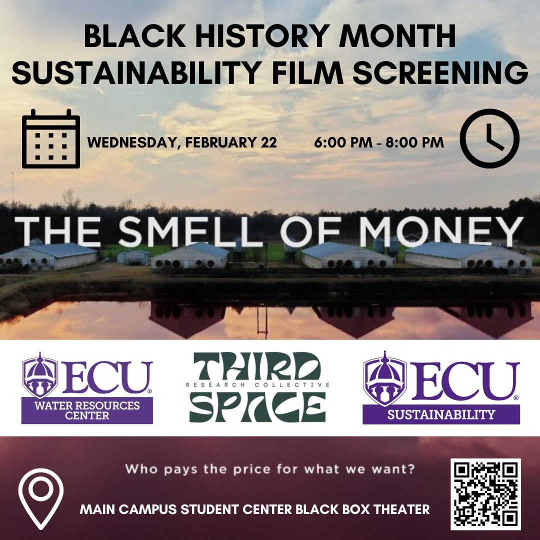 Join <a href="/ecuhcas/">Harriot College</a> Whichard Distinguished Professor in the Humanities, Dr. Aleia M. Brown, <a href="/ecuhistorydept/">ECU Department of History</a>, and <a href="/SustainECU/">ECU Sustainability</a> for a 🎬 screening of "The Smell of Money." 

⏰ 6 PM | 🗓️ Feb. 22
📌 Main Campus Student Center, Black Box Theater

Learn more ➡️ calendar.ecu.edu/event/sustaina…