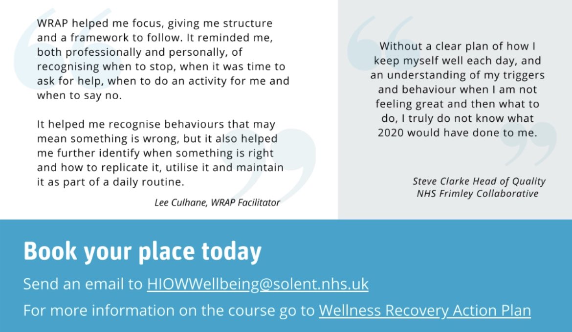 Do you work in Primary Care in Hampshire or Isle of Wight? 

I’ve teamed up with <a href="/hiownhs/">HIOWNHSPeople</a> 🌈 to run another FREE two-day course to help those working in Primary Care develop their own Wellness Recovery Action Plan (WRAP).

1/2
