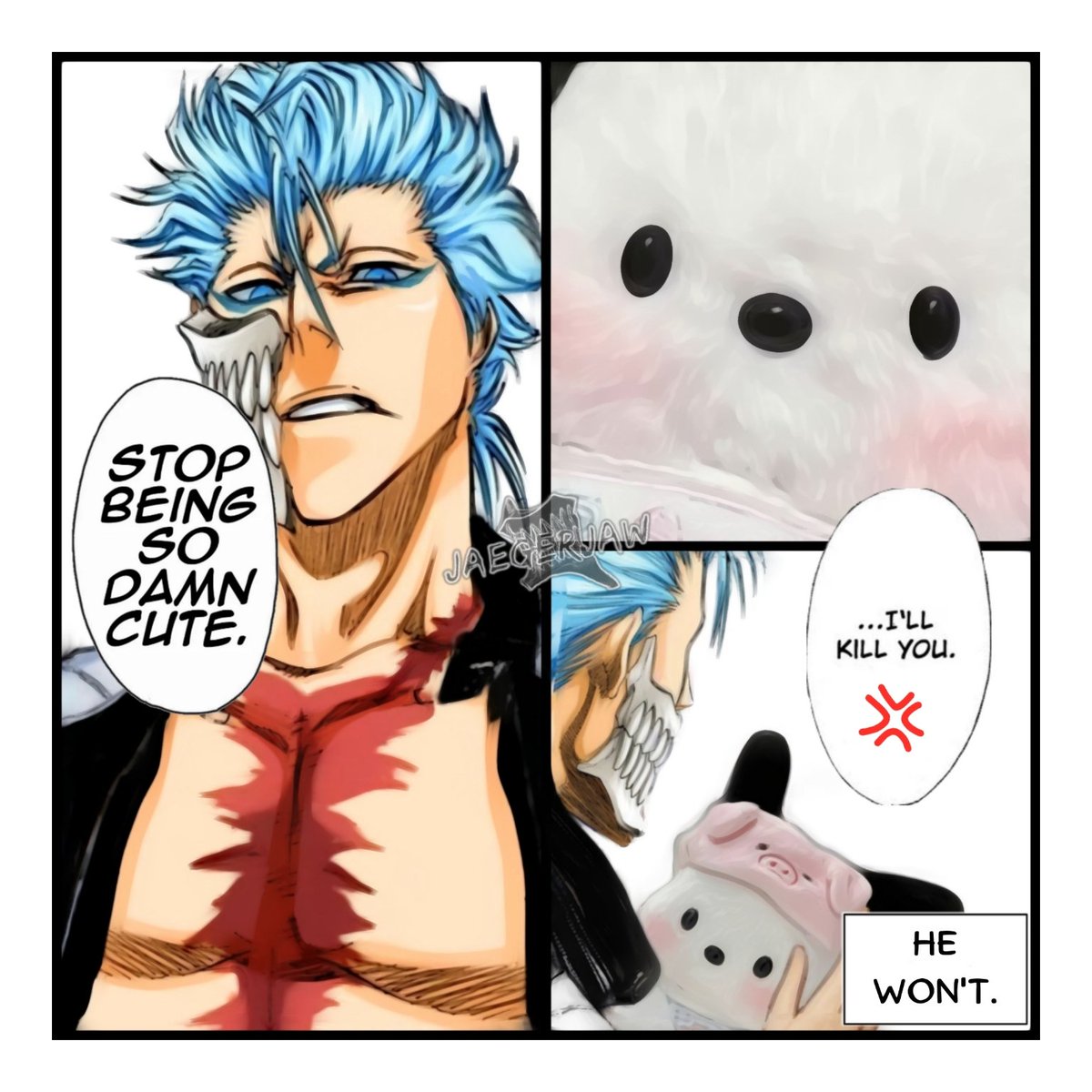 JaegerJaw's tweet photo. Because lately, Grimmjow's timeline has been invaded by many "𝙆𝙖𝙬𝙖𝙞𝙞 𝙙𝙚𝙨𝙪~♡" things... https://t.co/BP1AJD3yij