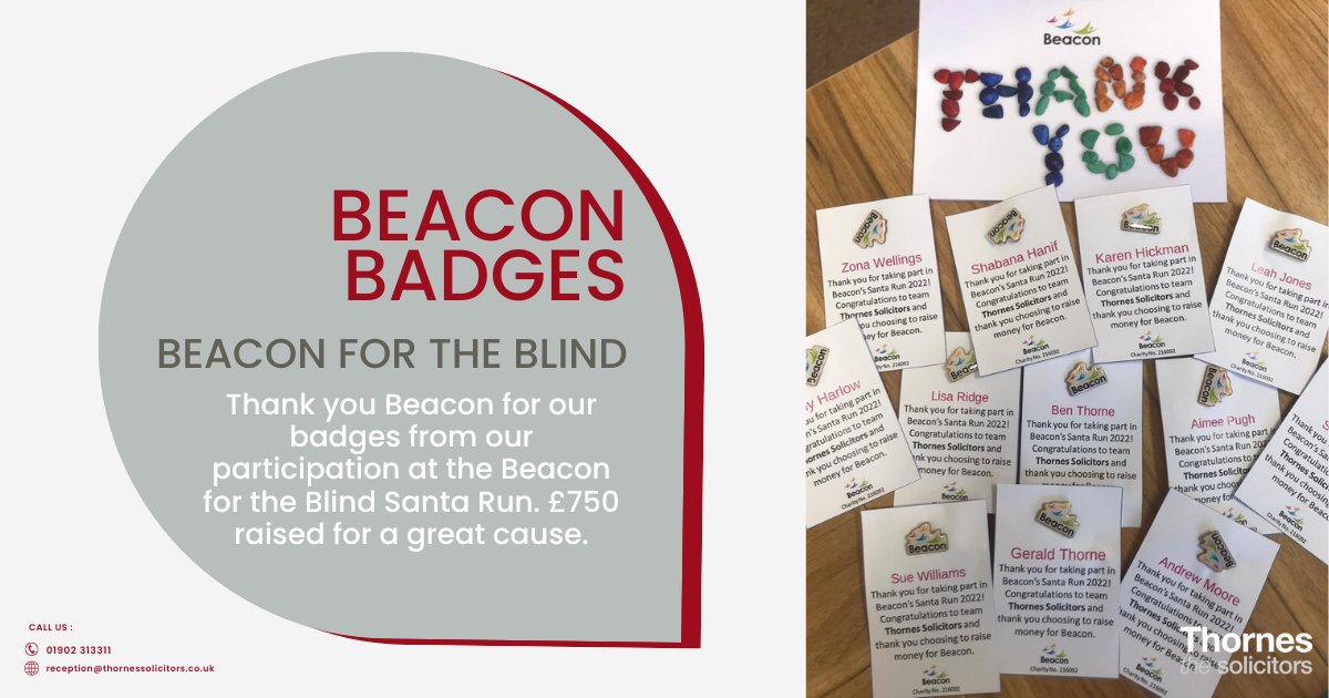 We were really pleased to receive our @BeaconCentre badges this week to recognise our support for Beacon for the Blind at the Santa run before Christmas. 🏅🎅

£750 raised for a great cause, see you next year! ❤️