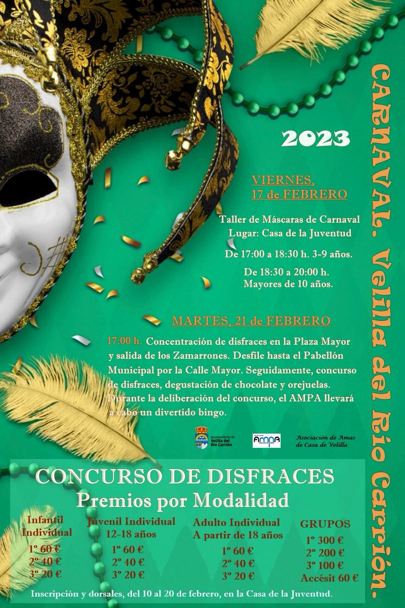 aytovelillarc's tweet photo. 🧝🏼🦸 La alegría y el colorido invadirán, del 17 al 21 de febrero, las calles de #VelilladelRíoCarrión gracias al #Carnaval. No faltarán los #Zamarrones, los #talleresmáscaras, el #chocolate con #orejuelas o el #desfiledisfraces con su #concurso con más de mil euros en #premios. https://t.co/V9WdfIPSbc