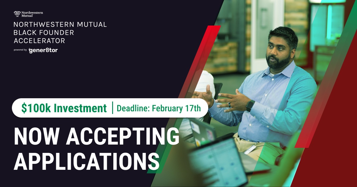 Northwestern Mutual Future Ventures (@nmfuture) on Twitter photo In partnership with <a href="/gener8tor/">gener8tor</a> <a href="/NM_Financial/">Northwestern Mutual</a> will invest $100,000 into fintech, insurtech, digital health and data analytics startups in 2023. The accelerator applications close on February 17. Interested in learning more? Contact <a href="/OnlyOnePDrew/">Precious P. Drew ➐</a> or visit gener8tor.com/investment-acc… In partnership with <a href="/gener8tor/">gener8tor</a> <a href="/NM_Financial/">Northwestern Mutual</a> will invest $100,000 into fintech, insurtech, digital health and data analytics startups in 2023. The accelerator applications close on February 17. Interested in learning more? Contact <a href="/OnlyOnePDrew/">Precious P. Drew ➐</a> or visit gener8tor.com/investment-acc…