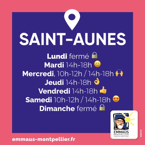 emmaus_mtp's tweet photo. 🕦 Petit rappel concernant nos horaires d’ouverture !
Nous vous accueillons avec toujours autant de plaisir du mardi au samedi, aux horaires indiqués, sur le site de Saint-Aunès et le vendredi de 17h à 21h à la Halle Tropisme à #Montpellier. https://t.co/rGEKwDspKd