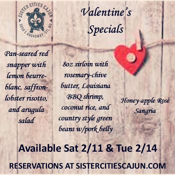 SisterCitiesSTL's tweet image. Join us this Saturday or on Tuesday for Valentine's 💘

Make a reservation at Sistercitiescajun.com 

#stlfoodscene #sistercitiescajun #eatyourheartout #valentines