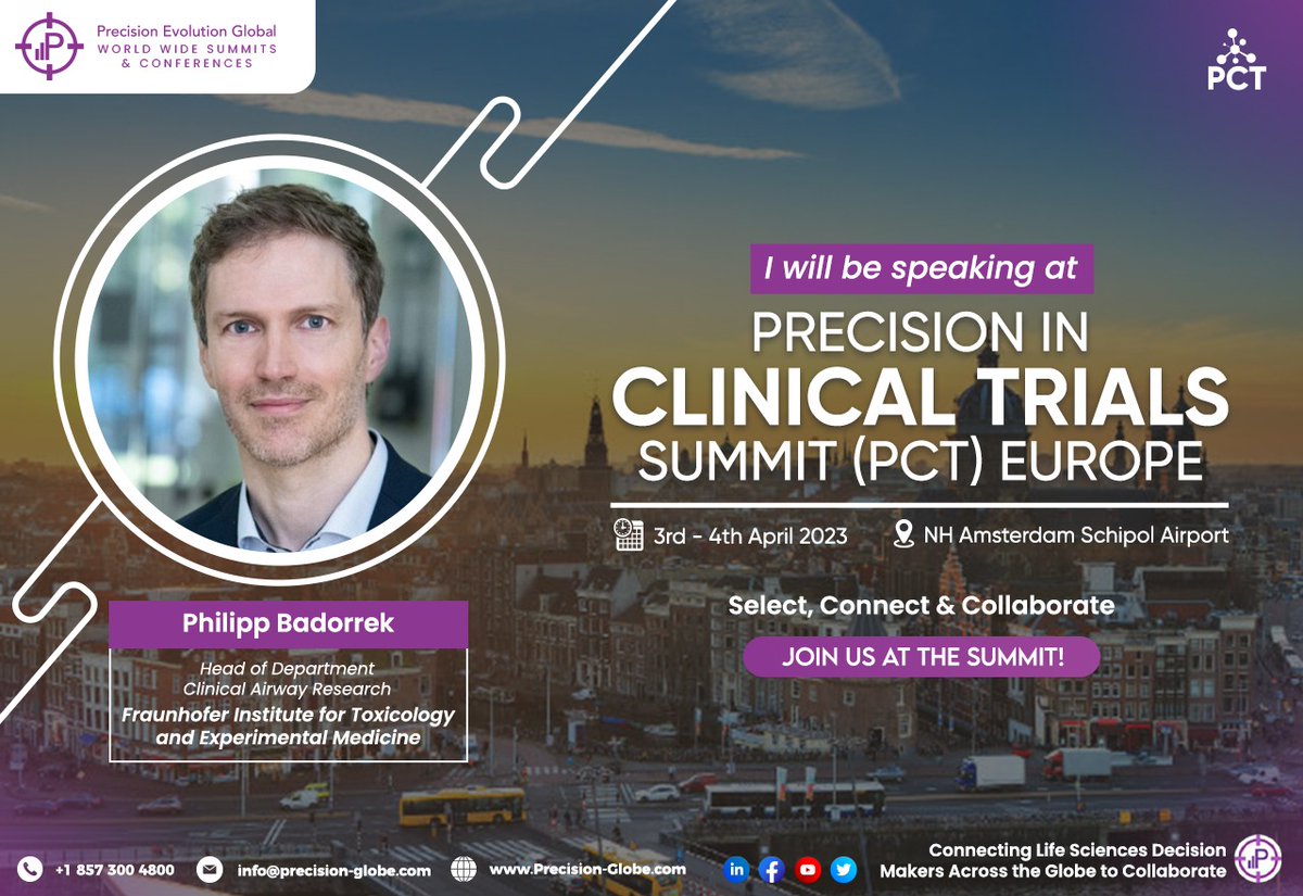 PrecisionEvolu1's tweet photo. We are thrilled to welcome Philipp Badorrek of Fraunhofer Institute for Toxicology and Experimental Medicine to the #PCTSUMMIT in #Amsterdam 

#ClinicalResearch #AI #DCT #LifeSciences #Events #Summit #DrugDevelopment #EU #Leadership #KeynotePresentation #JoinUs #Suply https://t.co/0U79f7NSEV