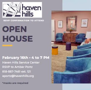 We are having an Open House! If you are free on February 16th email Amber Portz at aportz@havenhills.org or call 818-887-7481 ext 121. You must RSVP for details and attendance.