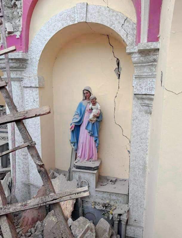 Image of Virgin Mary remains intact after the collapse of Cathedral of the Annunciation in Turkey in the recent earthquake as a symbol of hope.