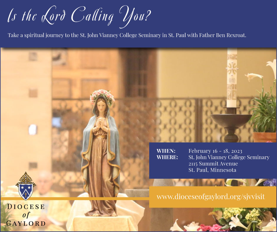 Diocese_Gaylord's tweet photo. Are you or someone you know interested in the priesthood? Now is the last chance to register to accompany Fr. Ben Rexroat for a visit to the St. John Vianney College Seminary in St. Paul, MN. Check out our website now to learn more and register: https://t.co/pvNi9sOJ5H https://t.co/1BjSTwpnkJ