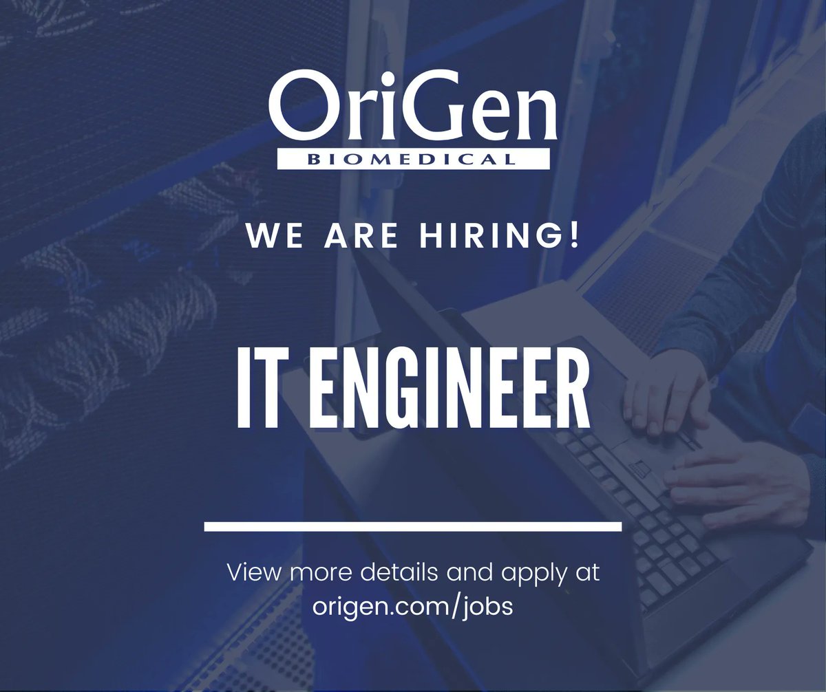 OriGenBio's tweet photo. OriGen is hiring an #ITengineer in Austin, TX! The IT Engineer is responsible for maintaining and upgrading computer hardware and software systems. View more info and apply at https://t.co/3fH85JEPvh

#OriGenBiomedical #AustinJobs #ATX #atxJobs #hiringatx #ITjobs https://t.co/nYWtmohgR6