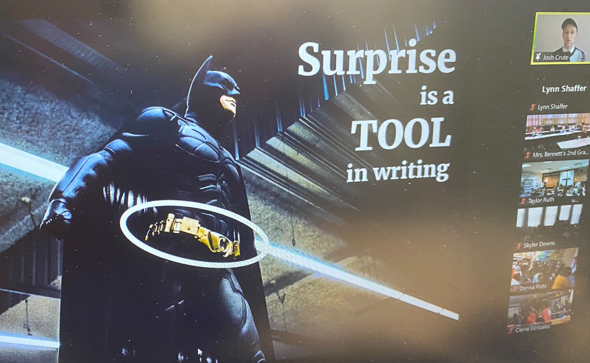 LShafferKET's tweet image. Students are learning right now how writers are like Batman, from guest Josh Crute, on @EducationKET's On the Same Page virtual visit! Read about our series, also available on YouTube education.ket.org/young-writers-…