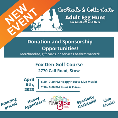FuninStow's tweet photo. Opportunity for your company to make our first annual "Cocktails and Cottontails Adult Egg Hunt" an amazing event!  Donations of merchandise, gift cards, or services baskets for the raffle items!  Contact Chris at csheridan@stow.oh.us to be a part of this egg-citing event! https://t.co/5fmLQ4pTnO