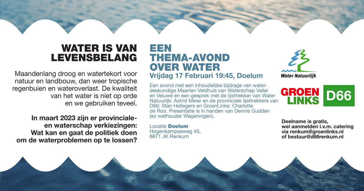 Begin maart zijn er verkiezingen. Voor provincie en waterschappen. Nog geen idee wat je gaat stemmen? Vul dan de onderstaande stemwijzer in en kijk welke waterschapspartij bij jouw past 👇
mijnstem.nl/waterschappen#…
Meer weten over water? Check dan de onderstaande thema avond