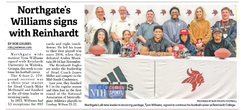 In the sports section of today's <a href="/TimesHerald/">The Newnan Times-Herald</a>
<a href="/Tyonwilliams1/">Tyon williams ll</a> signs with @RUEaglesFB

<a href="/NGVikingsFB/">Northgate HS Football</a> <a href="/Northgate_High/">Northgate High School</a> @VIKINGATHLETIC4