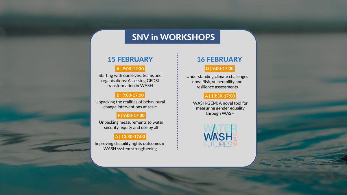 From 13-17 February, catch <a href="/SNV_Water/">SNV Water - find us on Bluesky as snv.org</a> and partners in several sessions and workshops during the <a href="/WASHFutures/">Water and WASH Futures Conference</a> Conference in Brisbane, Australia. Download our programme here: on.snv.org/3RCVAia

#WaWF23 #WaterSecurity <a href="/_waterforwomen/">Water for Women</a>