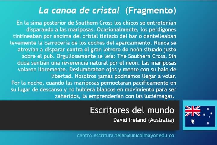 CescrituraTELAR's tweet image. En #EscritoresDelMundo del Centro de Escritura TELAR de #Unicolmayor te traemos un fragmento de "La canoa de cristal" del australiano #DavidIreland. ¡Disfruta y comparte!
#CescrituraTelar #Unicolmayor #leer #lectura #LeerEsUnPlacer