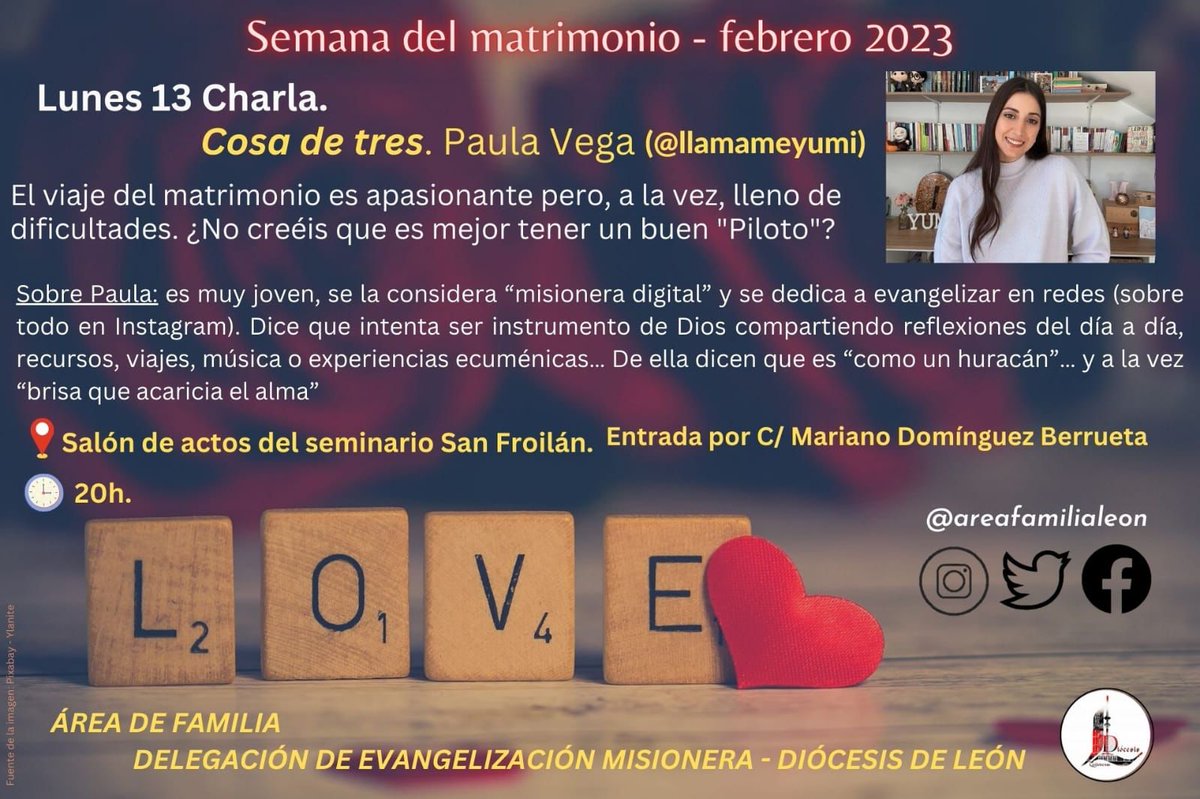 AreaFamiliaLeon's tweet photo. Os esperamos el lunes, 13 de febrero a las 8 de la tarde en el salón de actos del Seminario.
#matrimonioesmas #foreverdates #Leónesp @llamameyumi19 @DeleEvangelio
@IglesiaEnLeon https://t.co/kr1DATkHev