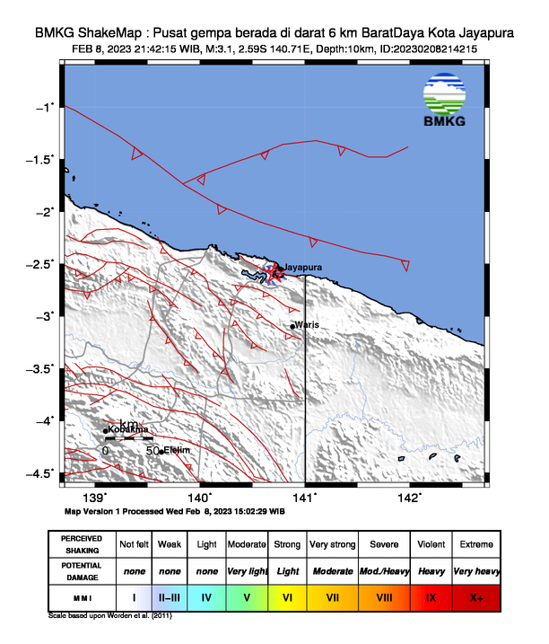 infoBMKG's tweet photo. #Gempa (UPDATE) Mag:3.1, 08-Feb-23 21:42:15 WIB, Lok:2.59 LS, 140.71 BT (Pusat gempa berada di darat 6 km BaratDaya Kota Jayapura), Kedlmn:10 Km Dirasakan (MMI) II Kota Jayapura #BMKG https://t.co/G2H6IByZbB