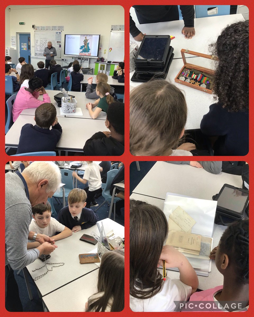 Year6A's tweet photo. A brilliant afternoon with Miss Leah’s dad Paul, who shared stories of his father who fought in WW2 and allowed us to see some of the artefacts he gained at war! @MRPA_History https://t.co/rQ1yU5bsL0