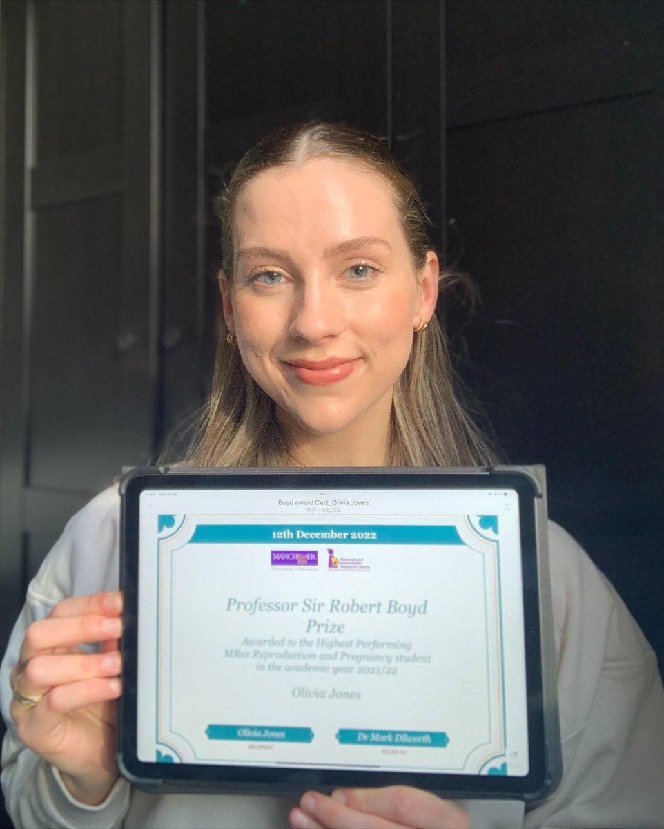 Today we are highlighting Olivia Jones who won the Professor Sir Robert Boyd prize! Olivia was the highest-performing MRes Reproduction and Pregnancy student (2021-2022), and was supervised by Dr Mark Dilworth! We are lucky to have motivated and talented MRes students each year.