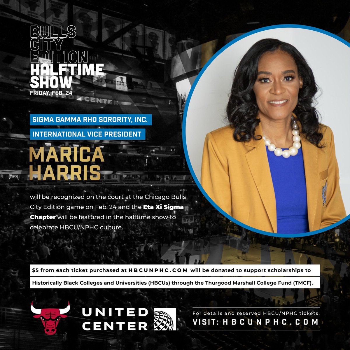 SGRho's tweet photo. On Friday, Feb. 24 at the @UnitedCenter for the @ChicagoBulls City Edition Game, Sigma Gamma Rho Sorority, Inc. and First Grand Anti Basileus Marica Harris will  be featured to highlight HBCU/NPHC culture. For details and reserved #HBCUNPHC tickets, visit: https://t.co/72N284M9Ug https://t.co/ENekW6Gg3T