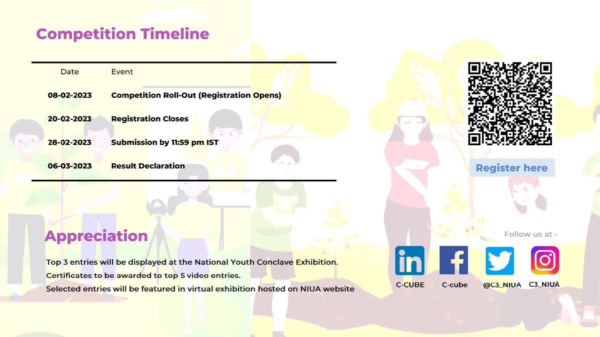 Climate Centre for Cities (C-Cube), NIUA (@c3_niua) on Twitter photo As a pre-event activity for National Youth Conclave, C-Cube, <a href="/NIUA_India/">NIUA_India</a> is organizing the #SWITCH Challenge for #youth to come together, implement & showcase their action toward #culturalrevival & #climate through #communityengagement.
For more details: tinyurl.com/ye28hey6 As a pre-event activity for National Youth Conclave, C-Cube, <a href="/NIUA_India/">NIUA_India</a> is organizing the #SWITCH Challenge for #youth to come together, implement & showcase their action toward #culturalrevival & #climate through #communityengagement.
For more details: tinyurl.com/ye28hey6