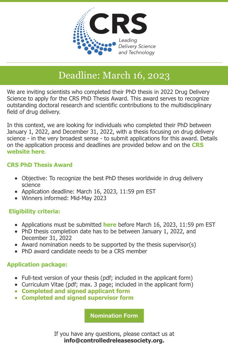 We are looking for outstanding doctoral research and researchers in drug delivery science 💊🦠🧑‍🔬🧫 💉. Thesis awards come with many benefits. See website for details. Nominate yourself or a colleague. Pls retweet🙏. <a href="/CRSScience/">Controlled Release Society</a> <a href="/ESMI_society/">European Society for Molecular Imaging - ESMI</a> <a href="/JCRnEDITORS/">J Controlled Release</a> <a href="/ADDReditors/">Editors of Advanced Drug Delivery Reviews</a> <a href="/DDTReMedia/">Drug Delivery and Translational Research</a>