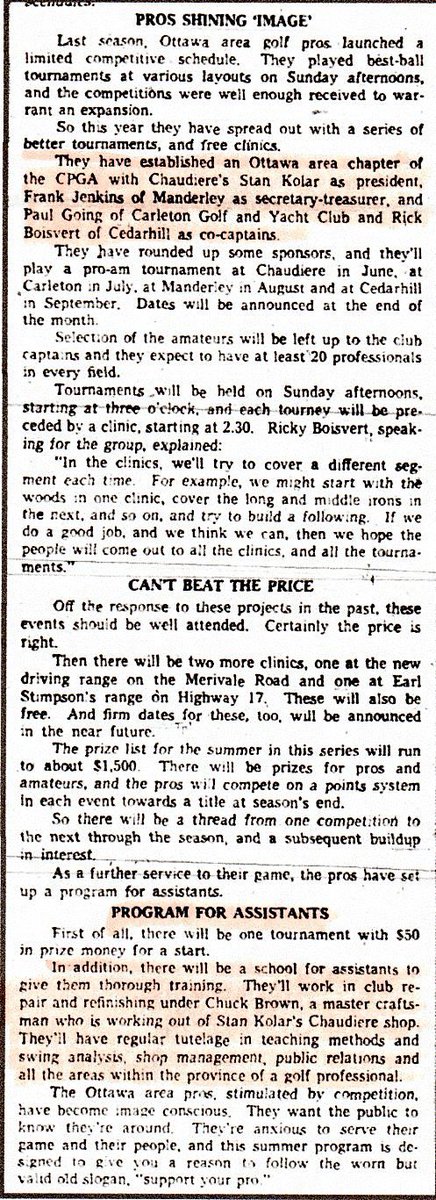 An interesting article in the May 14, 1966 Ottawa Journal outlining the formation of an Ottawa Chapter of the CPGA by Ottawa golf professionals. <a href="/PGAofOttawa/">PGA Canada - Ottawa</a> formally became a Zone of <a href="/pgaofcanada/">PGA of Canada</a> in late 1975. <a href="/Flagstick/">Flagstick.com Golf 🇨🇦⛳️</a> <a href="/carolanbax/">CABaxter</a>