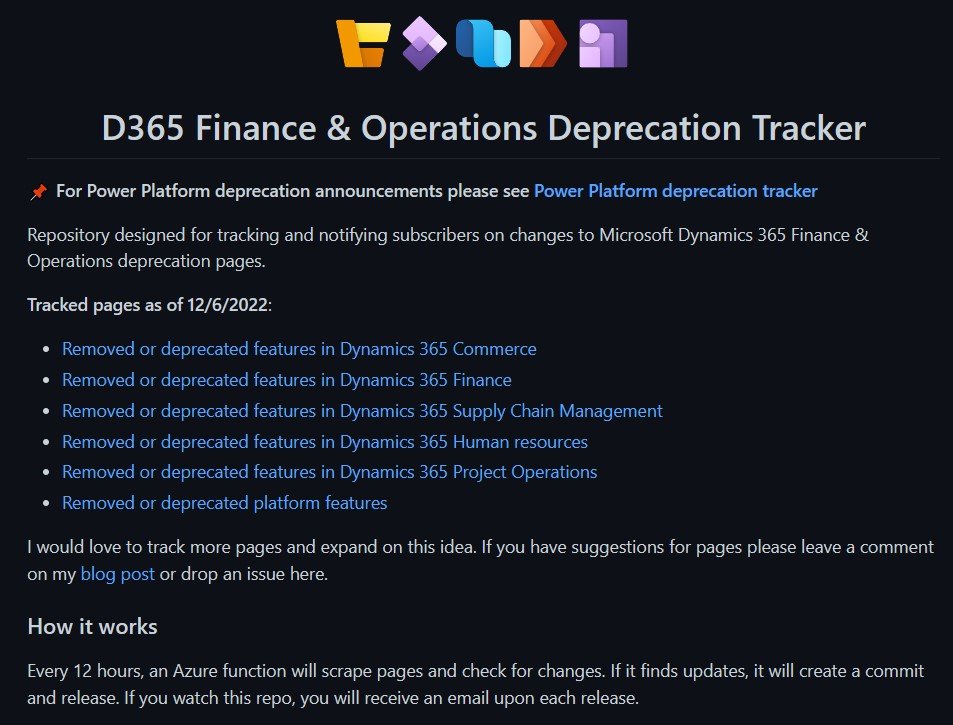 TyCorcoran5's tweet photo. 📢📢Never miss a #Dynamics365FO deprecation announcement again! 

Check out my d365-finance-ops-deprecation-tracker: 
https://t.co/Xtuu9gDCeD

Star⭐️or watch 👀 the repo and receive notifications on updates

#d365ug #powerapps #d365ce #dynamicscrm #d365fo https://t.co/F8AV9AELWx