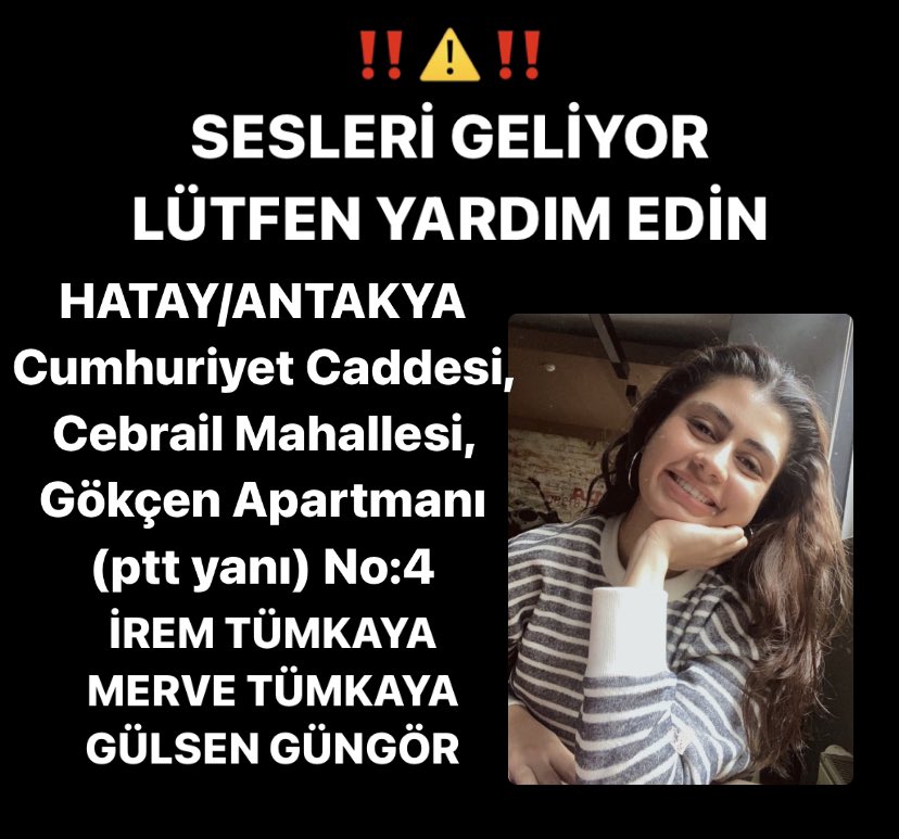 johan_cruyf14's tweet photo. ‼️⚠️ SES VAR !!! ACİL YARDIM ENKAZ ALTINDAN SESLERİ GELİYOR⚠️‼️ HATAY/ANTAKYA Cumhuriyet Caddesi, Cebrail Apartmanı, (ptt yanı) No:4 #hatayantakyayardimbekliyor #TurkeyEarthquake #acildeprem #hatayantakya https://t.co/sIzGvtkPu7