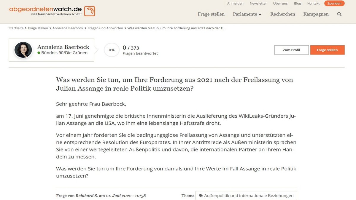 🔻„Egal, was meine deutschen Wähler denken“
@ABaerbock - #Demokratieverständnis? #JulianAssange?
➡️Abgeordnetenwatch- ab BTW2021 beantwortete Fragen:
#RobertHabeck 38/693
@nouripour 65/104
@c_lindner 640/1175
#HubertusHeil 152/330
@ABaerbock ❌0/373
Fragen zu #Assange ⬇️