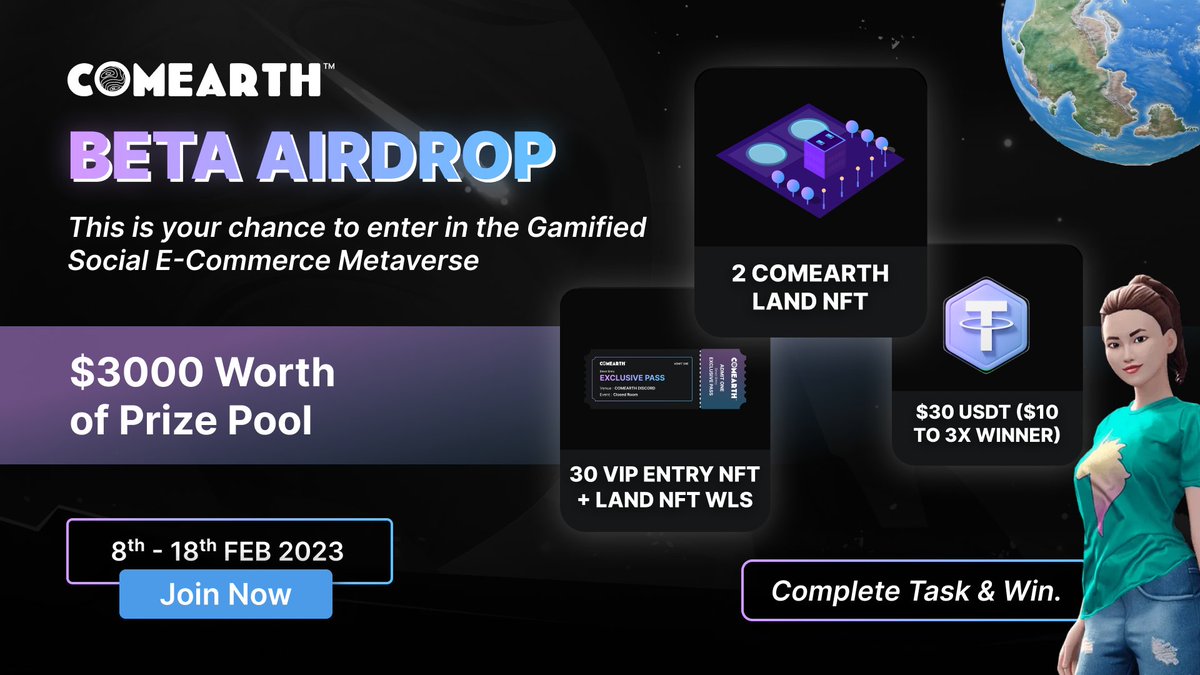 ComearthHQ's tweet image. 📣#COMEARTH Beta #Airdrop is live on @AGuiltyOfficial ❤️‍🔥

🥳 $3000 worth of Prize Pool: 
#Metaverse  Land NFT + WL + $USDT | 32 winners

To Win 🏆
✅ ❤️, RT &amp;amp; Tag 3 friends
➡️ Finish Alphaquest : alphaguilty.io/quest/comearth

⏰ End 18th Feb

#Giveaway #freebie #NFTCommunity