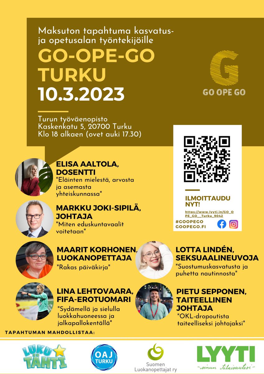 Turun seudun opet ja muut alan ihmiset! Yhdellä istumalla kuusi mielenkiintoista puheenvuoroa by <a href="/maakor/">maarit korhonen</a>, @EAaltola, <a href="/MJokisipila/">Markku Jokisipilä</a>, Lina Lehtovaara, Pietu Sepponen ja Lotta Linden. 
Saa jakaa! 🙏🏼😊
goopego goopego.fi

lyyti.in/GO_OPE_GO__Tur…