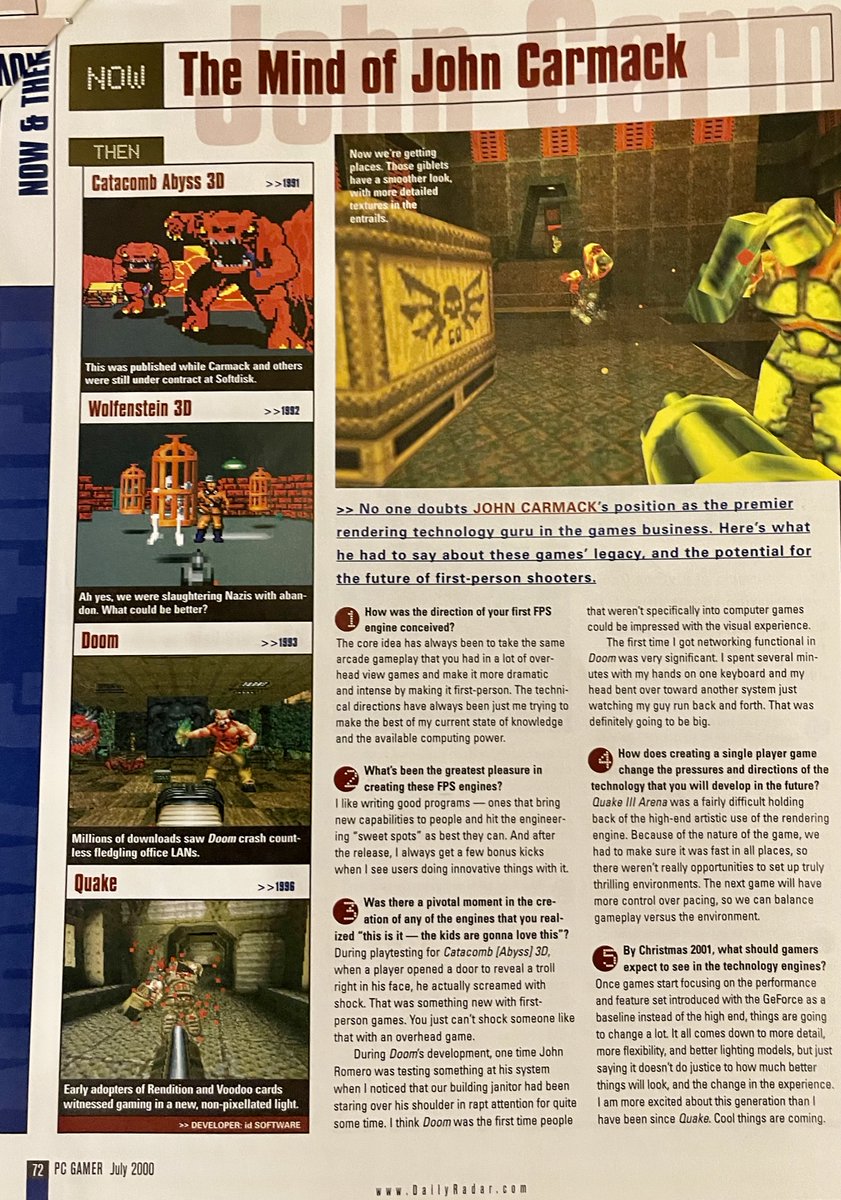 ScottApogee's tweet photo. Throughout the 90's John Carmack was the undisputed leader of 3D game engines. Everyone was chasing him, but eventually 3D cards made it relatively easy for other coders to stay within the same ballpark. Every time I talked to him I learned something fascinating and insightful. https://t.co/9DKqbqpWmd