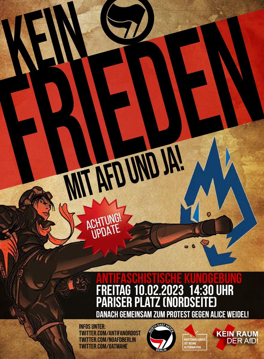 noafdberlin's tweet photo. ‼️NEUER ORT‼️
Gegen die Kundgebung der AfD-Jugend und ihren falschen, nationalistischen Frieden!

❌Kundgebung:
🕙10.02. | 14:30 Uhr
📍Pariser Platz
➡️https://t.co/3GdeN1uMXU

Danach:
❌Anreise zum Protest gegen Alice Weidel!
🕙10.02. | 16:30 Uhr
📍S+U Wuhletal

#B1002 #noAFD https://t.co/llz8RQJZ4x