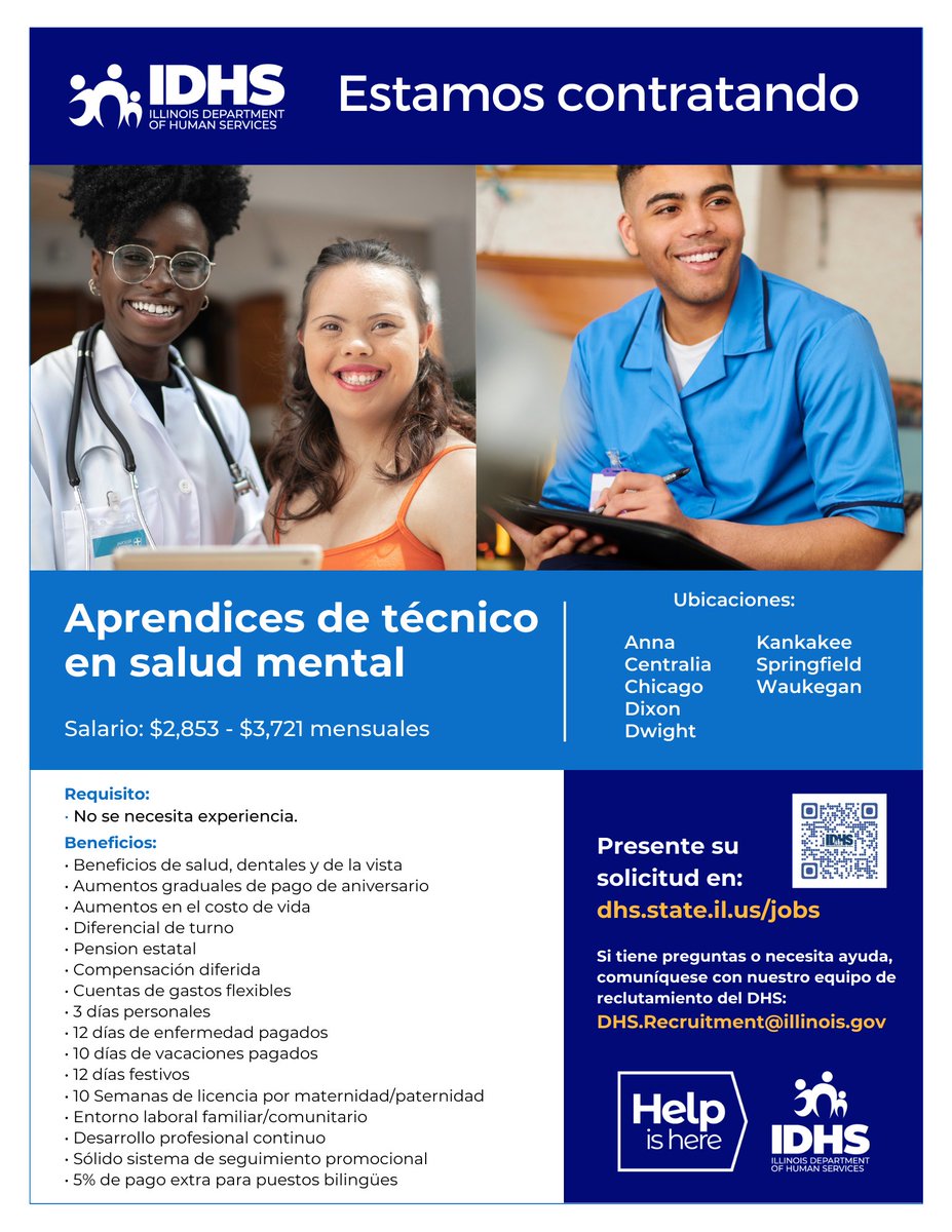 IDHS is hiring! Interested in CNAs but currently have no experience?

Check out to learn more about our Mental Health Technician Trainees in different locations! 👇

All other DHS vacancies: dhs.state.il.us/jobs

#hiring #mentalhealth #diversityandinclusion #vacancies