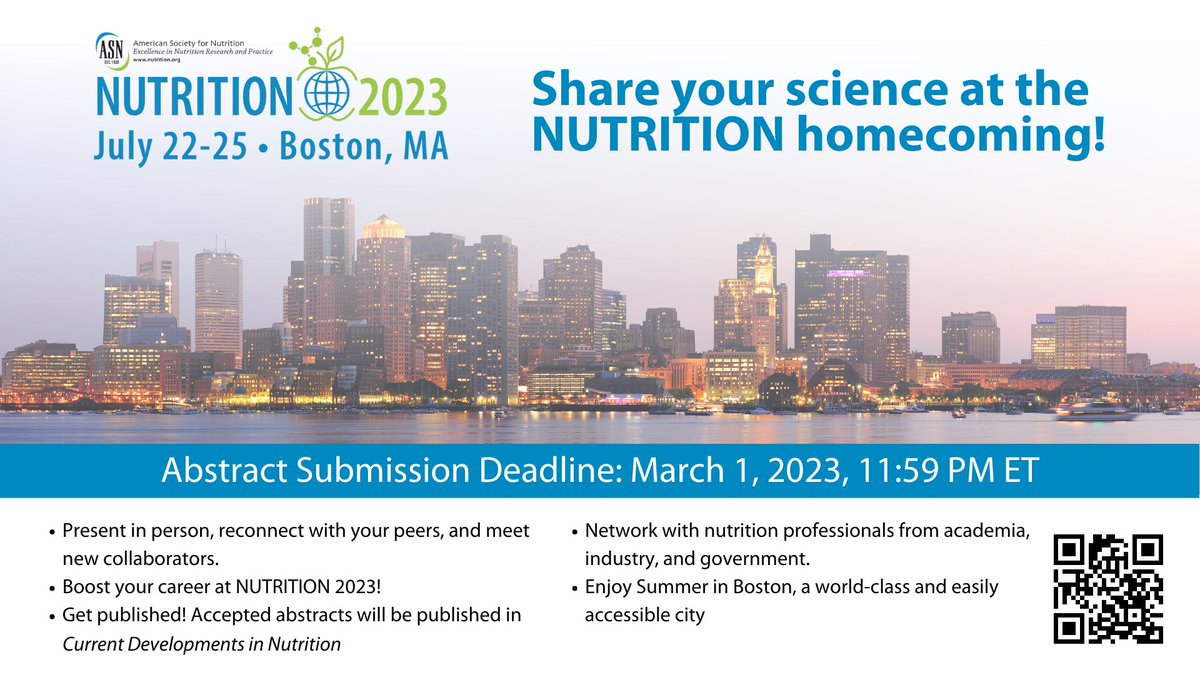 nutritionorg's tweet image. The March 1st Abstract Submission Deadline is fast approaching! ASN welcomes unpublished research in the form of abstracts for presentation at #Nutrition2023. Present your science at the NUTRITION homecoming in Boston, MA.  Learn more at: nutrition.org/n23/abstracts-…