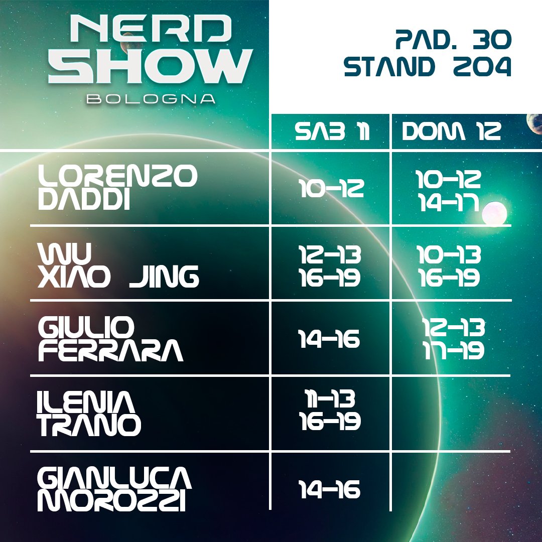 GreenMoonComic1's tweet photo. 💚 🌙
- 3 giorni all"inizio del @nerdshow_bologna ed
eccovi gli autori presenti in dedica con relativi orari ⚡⚡⚡Potete trovarci al PAD. 30 STAND 204
con il nostro catalogo e, in anteprima nazionale, le prime uscite del 2023: "Sofia" e "La sala d'attesa" 🔥🔥🔥
Vi aspettiamo! https://t.co/zioU39pIO0
