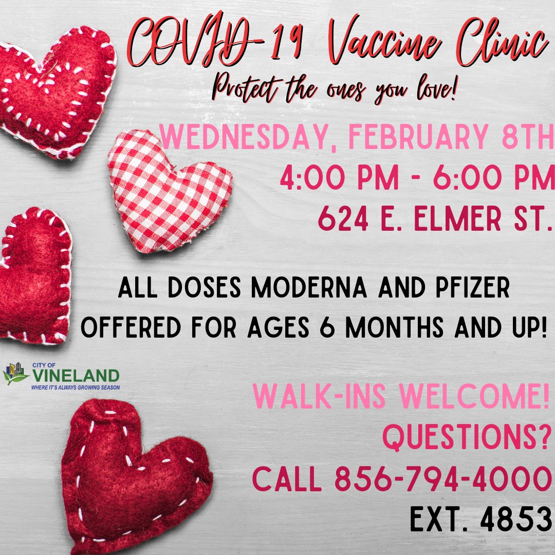 📢📢Looking for a COVID-19 Vaccine or Bivalent Booster? Join us TODAY (2/8/23) from 4p-6p! Vaccines and Booster doses will be available for those ages 6 months and up! Questions? Call 856-794-4000 ext. 4853.😁😁 #COVID19 #vaccine #booster