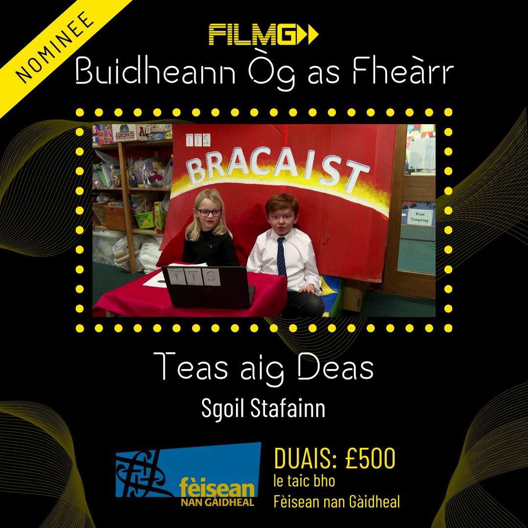 FilmGAlba's tweet photo. 🏆GEÀRR-LIOST / SHORTLIST🏆

✨BUIDHEANN ÒG AS FHEÀRR / BEST YOUTH GROUP✨

• Le taic bho @fngaidheal •
•Sponsored by Fèisean Nan Gàidheal•

#FilmG15 #Gàidhlig #Shortlist #Gaelic https://t.co/thsJwjILBl