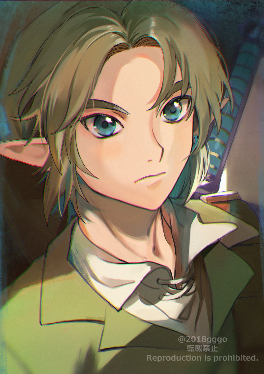 link 1boy male focus pointy ears solo blonde hair blue eyes shirt  illustration images