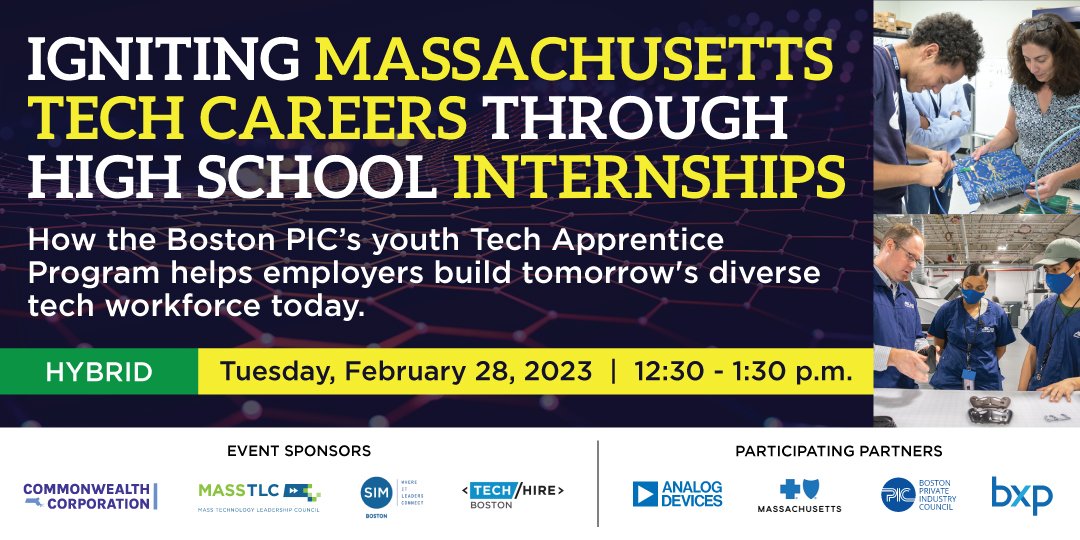 Learn how employers successfully use the #TechApprentice program to meet their critical #DEI, early #talent pipeline, #CSR, and mentoring goals on February 28, 12:30-1:30 p.m. Register to join in person: tinyurl.com/InpersonTechMA Register to join via Zoom: tinyurl.com/VirtualTechMA
